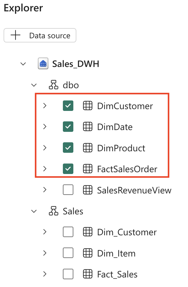 Screenshot of data agent warehouse tables selected.