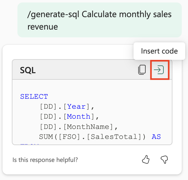 Screenshot of Copilot pane with first sql query.