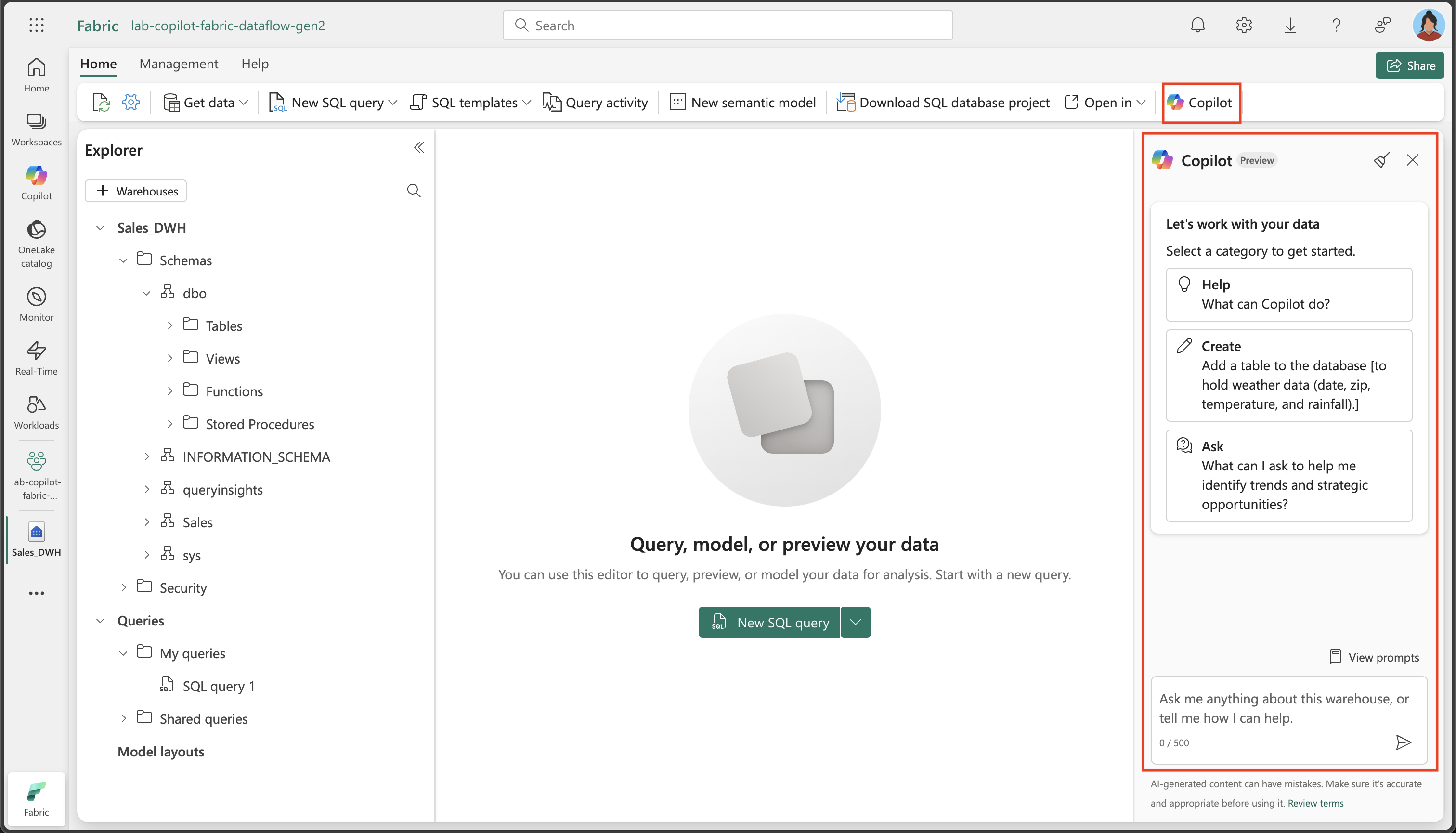 Screenshot of Copilot pane opened in the warehouse.