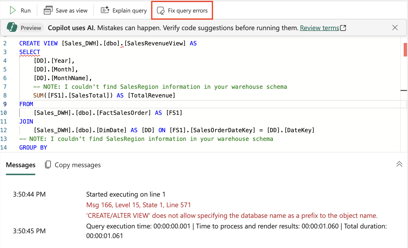 Screenshot of sql query with error.