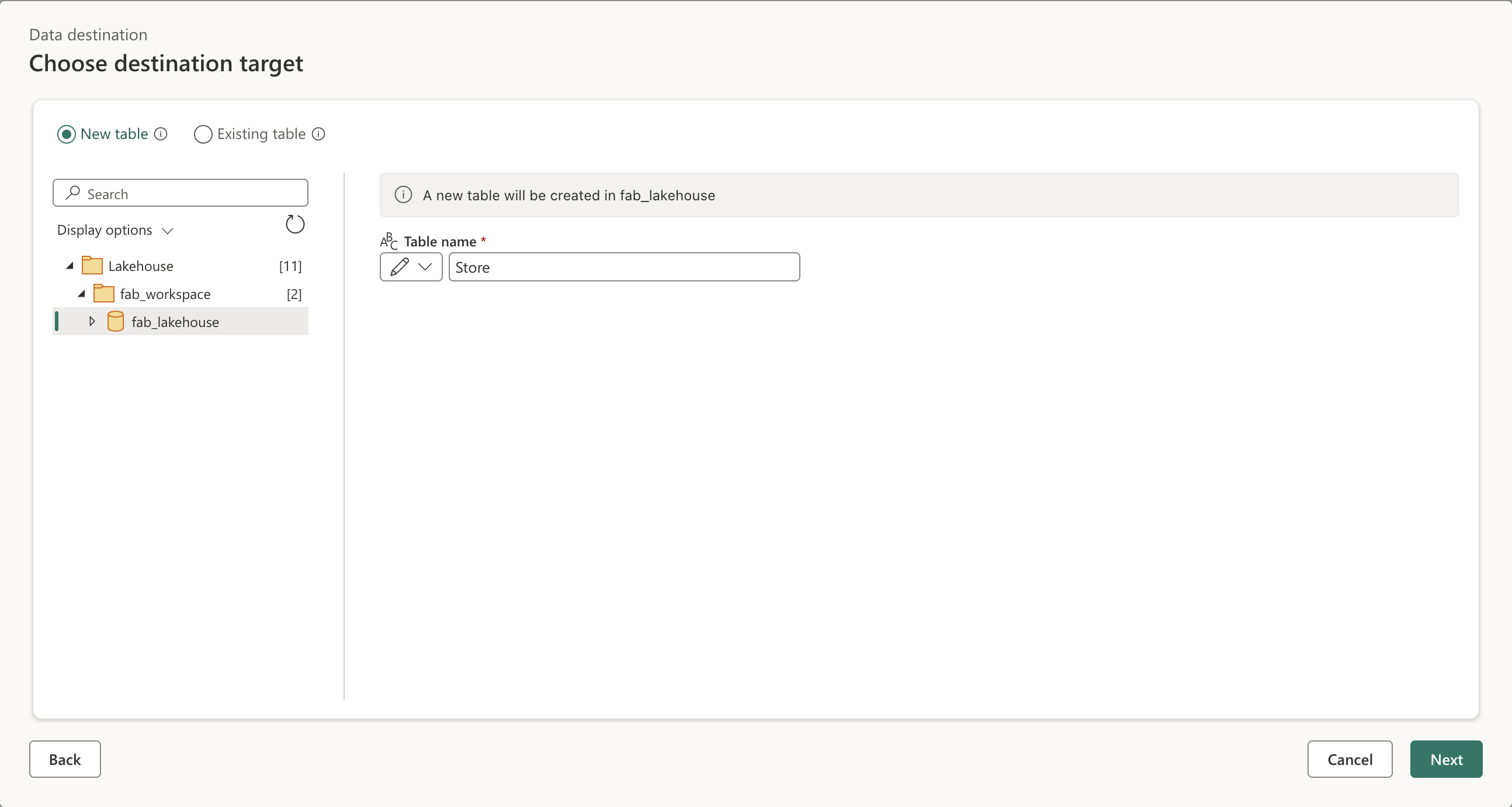 Data destination configuration page.