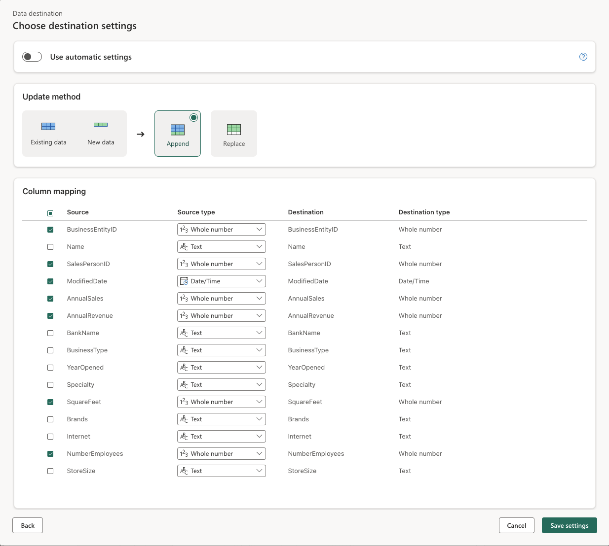 Data destination settings page.