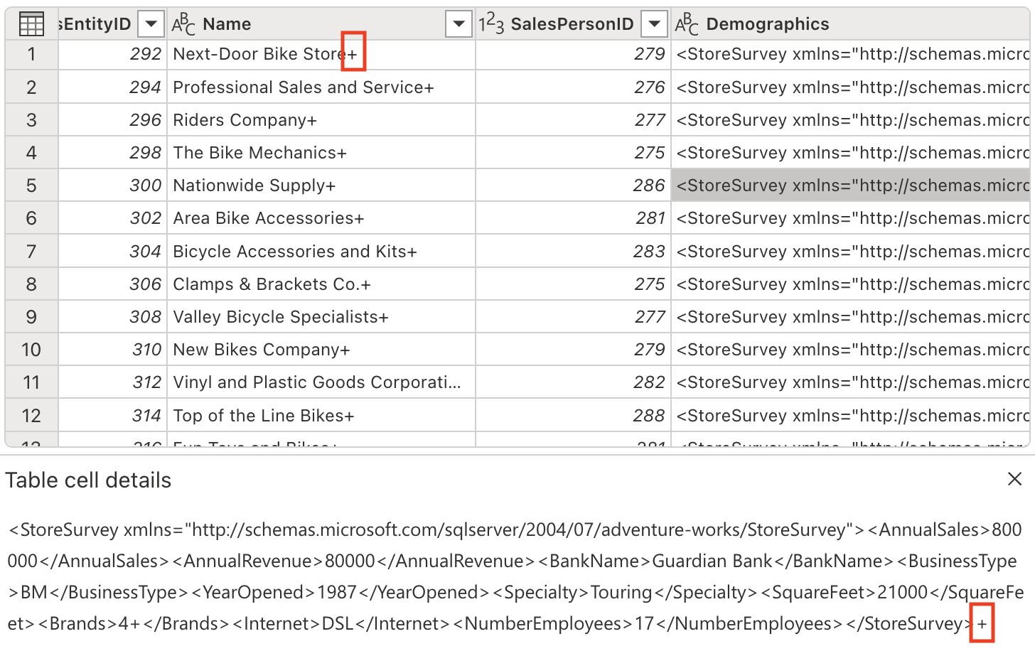 Screenshot of certain columns that contain a '+' character.