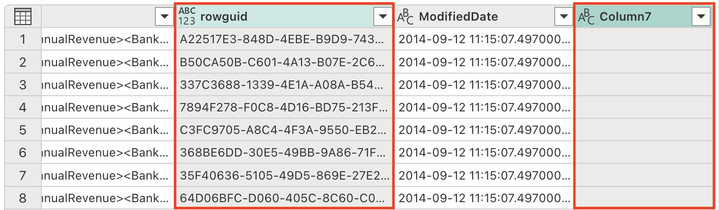 Screenshot of certain columns that should be removed.