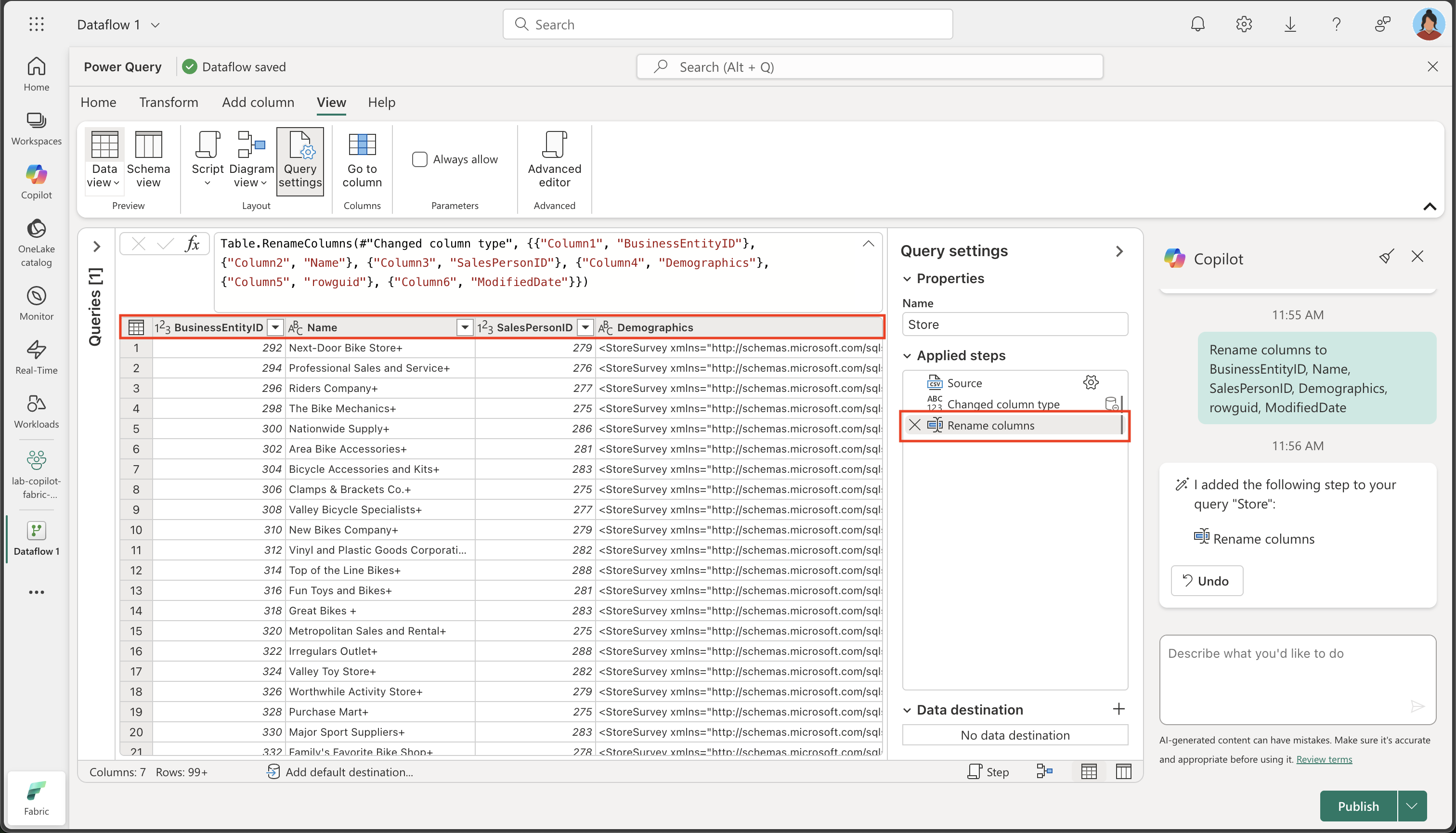 Screenshot of columns renamed, as a result of a copilot prompt.