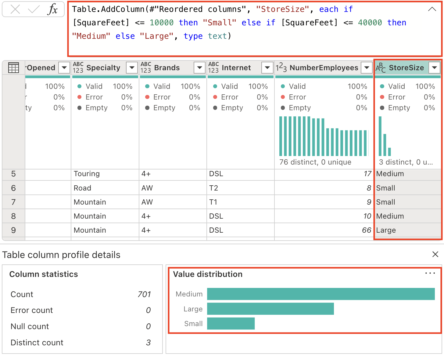 Screenshot of the dataflow table with the store size field, formula and column profile.