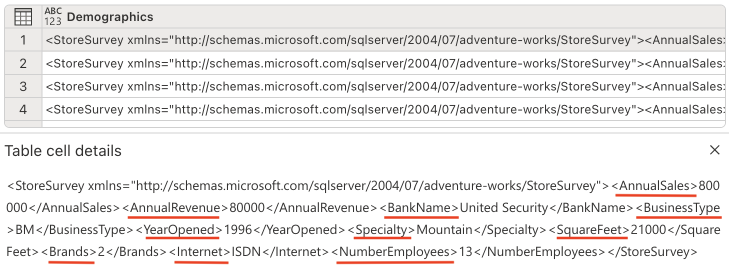 Screenshot of the dataflow table with a focus on the XML fields