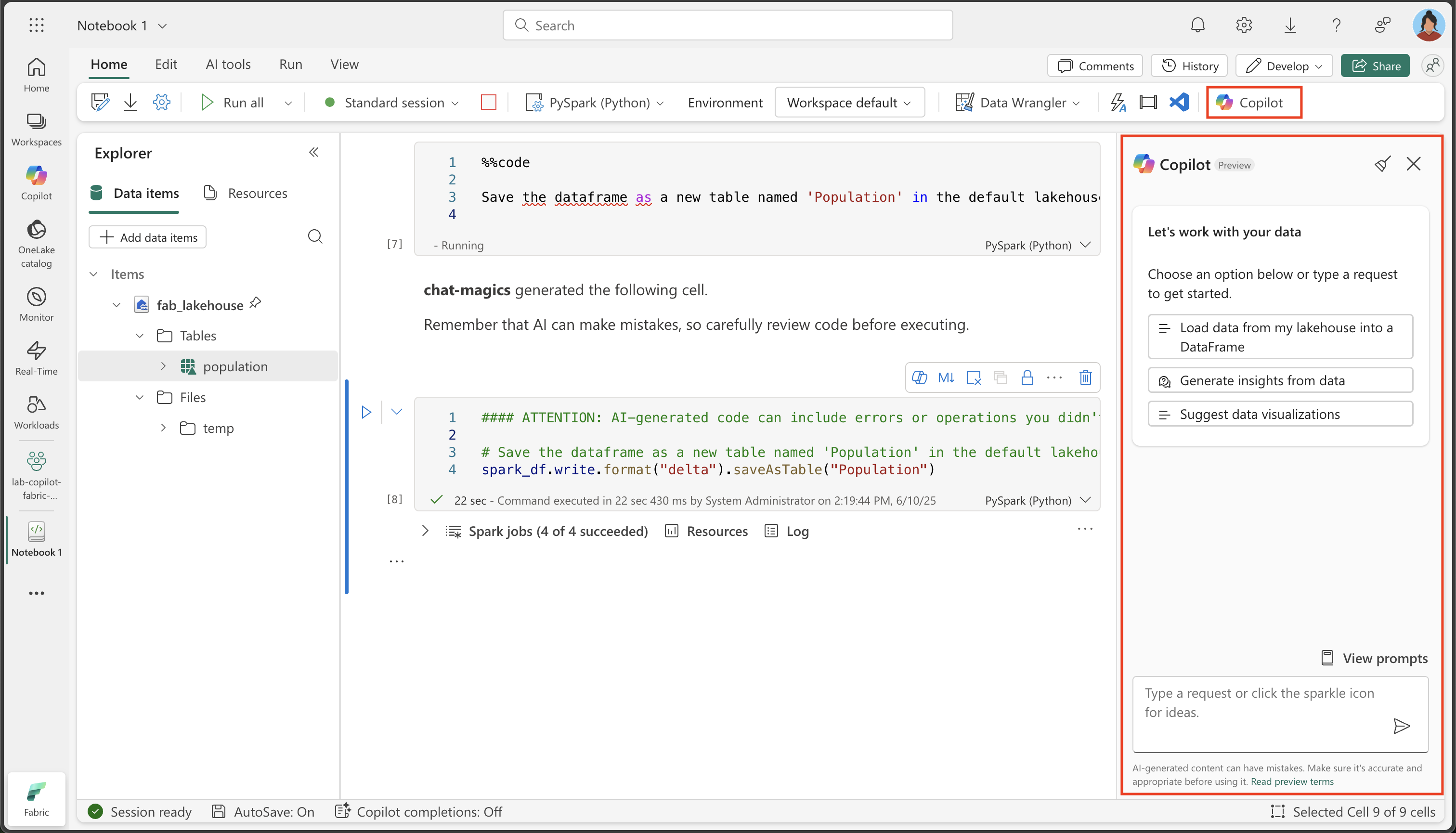 Screenshot of notebook with Copilot panel open.