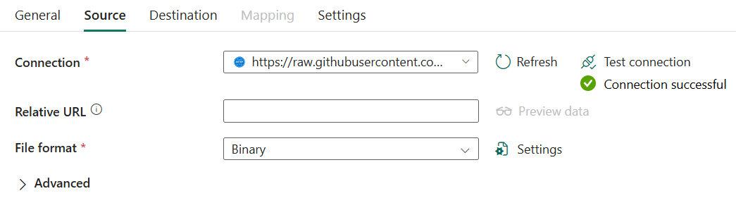 Screenshot of the Source tab showing the HTTP connection and file format settings.
