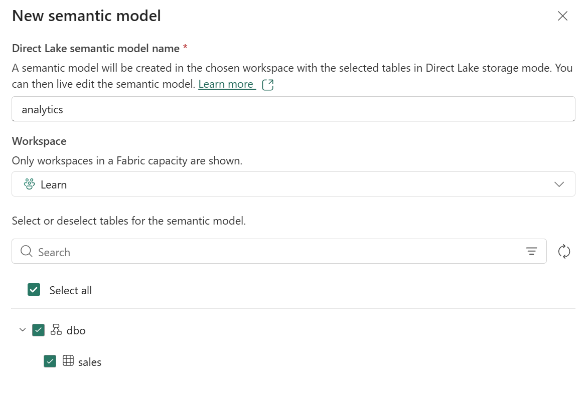 Screenshot showing the new semantic model option.