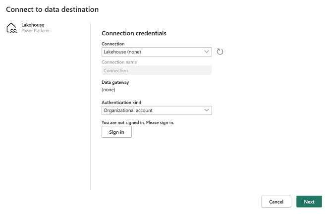 Data destination configuration page.