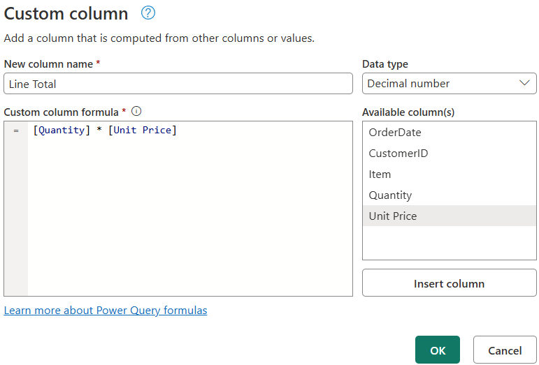Screenshot of the new custom column dialog.