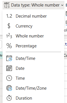 Screenshot of the Data type field.