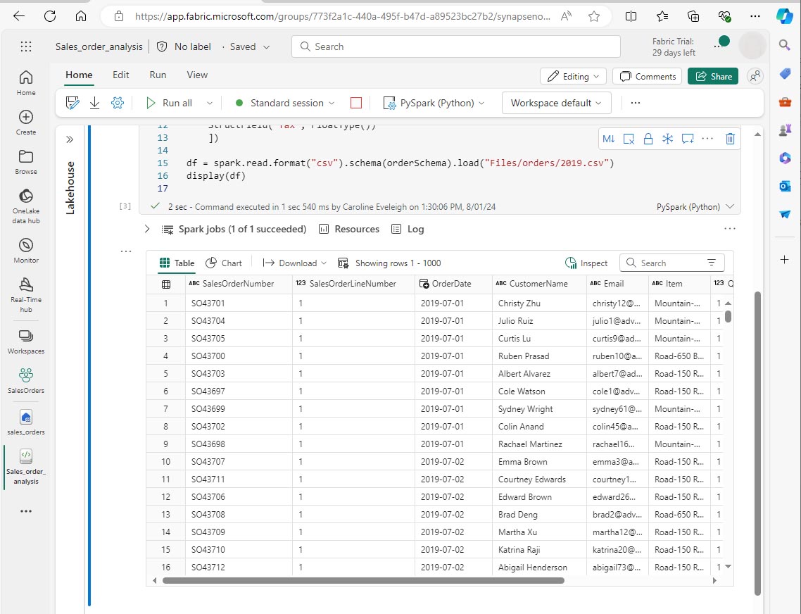 Screen picture of code with schema defined and data.