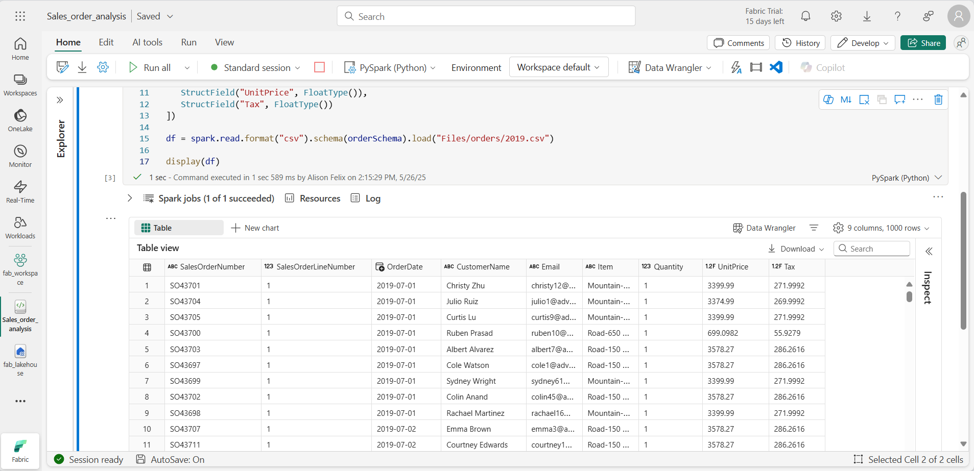 Screen picture of code with schema defined and data.