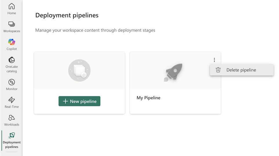 Screenshot of deployment pipeline, highlighting the Delete pipeline action.