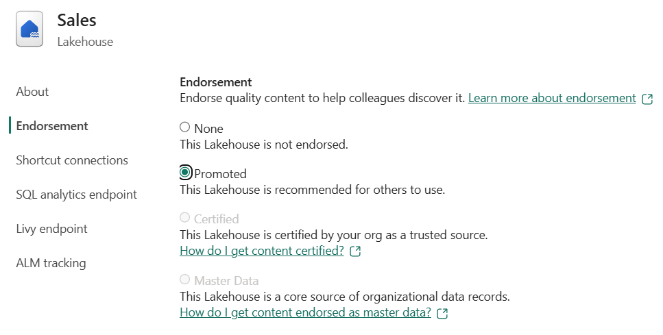 Screenshot of endorsement settings with Promoted selected.