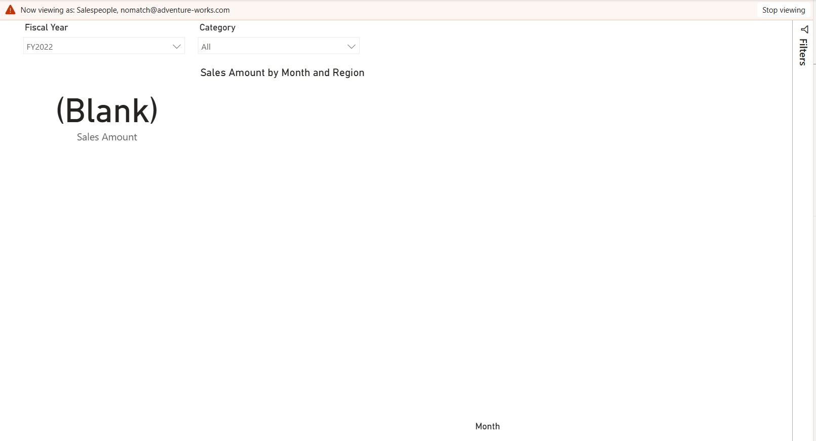 Screenshot of the report canvas for an unmapped user showing no data.