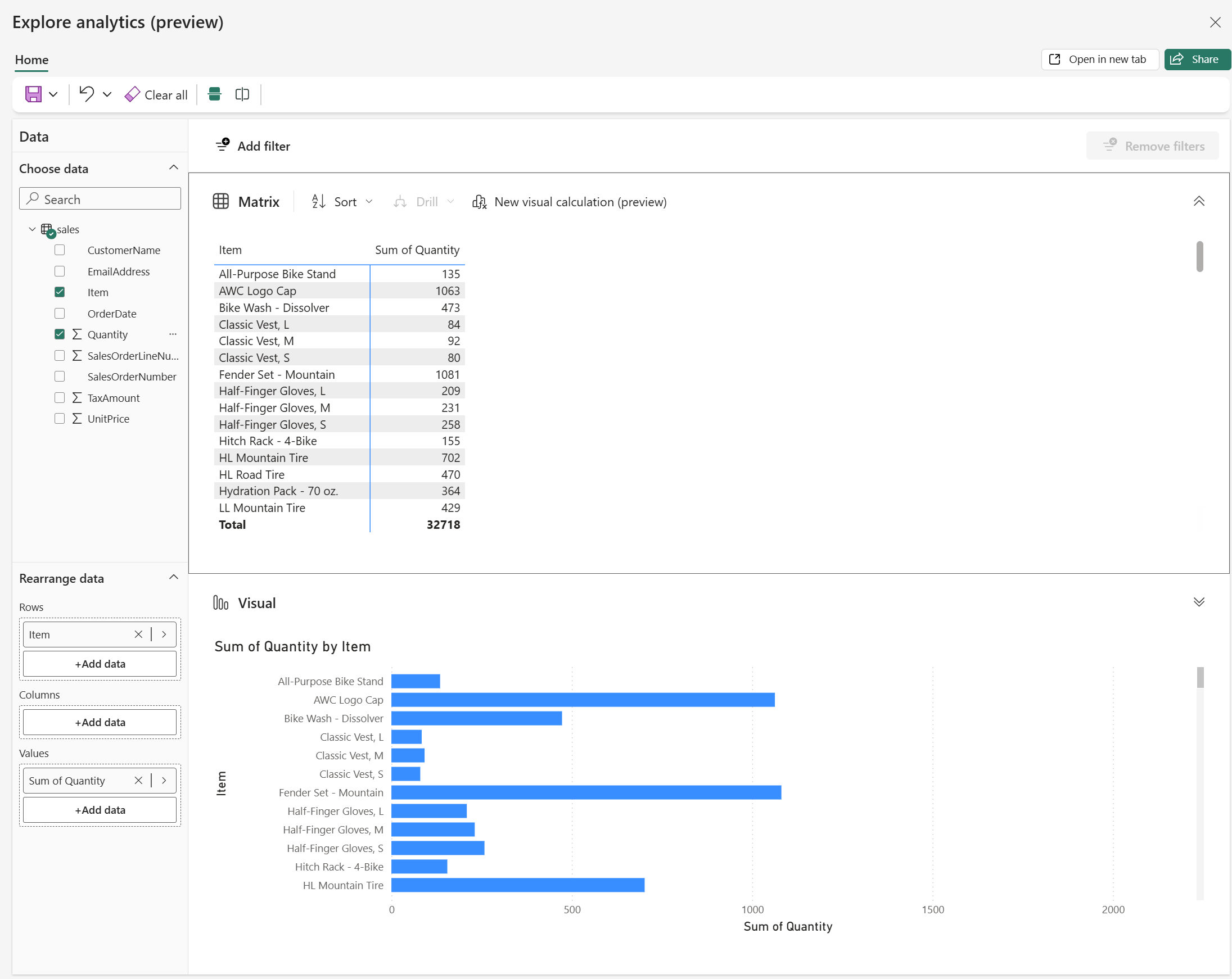 Screenshot showing the Explore window with a bar chart of quantities by item.