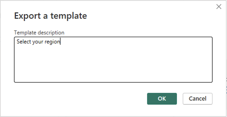 Screenshot of the Power BI Desktop export template dialog.