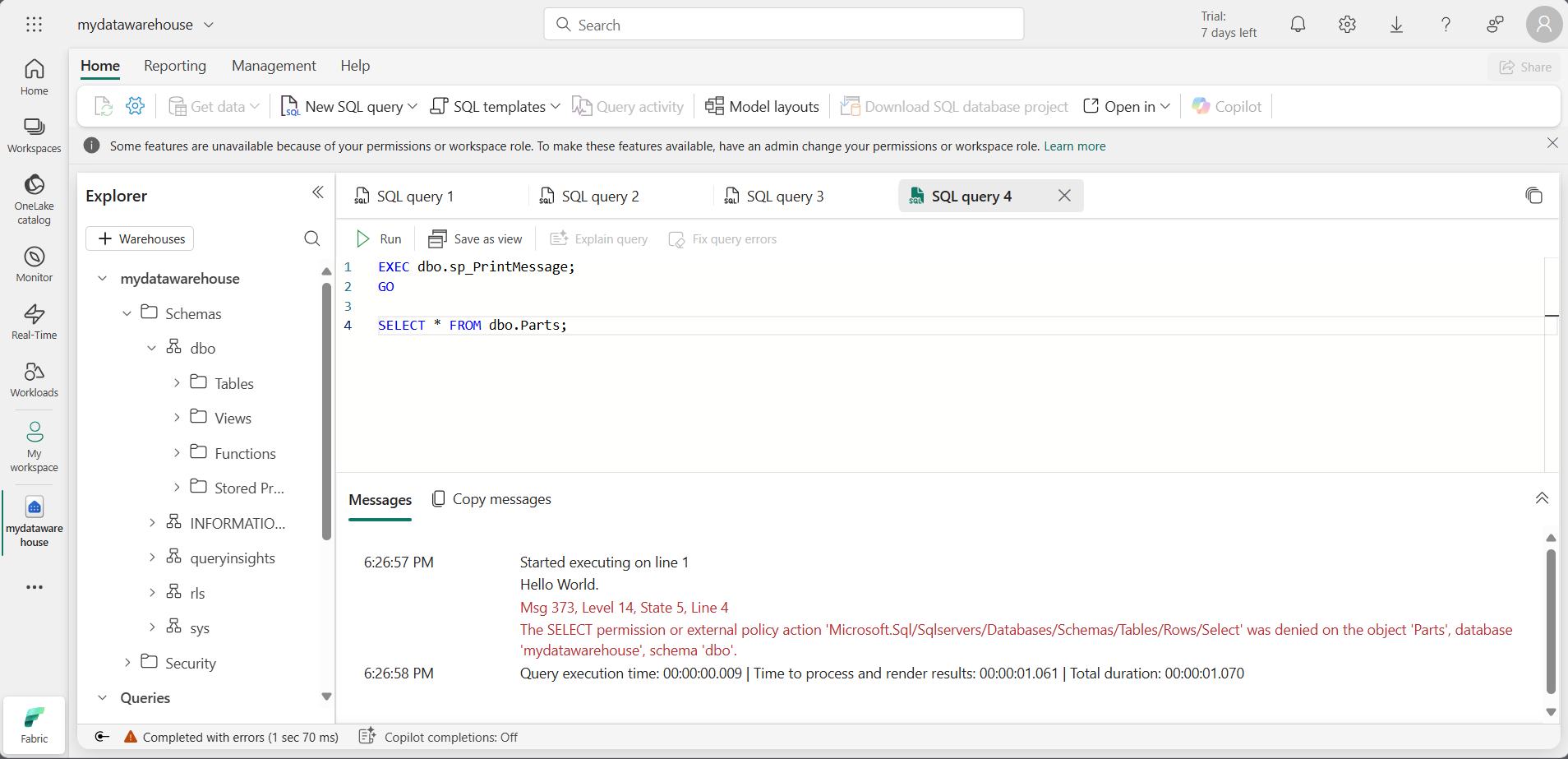 Screenshot of the Parts table query with error.
