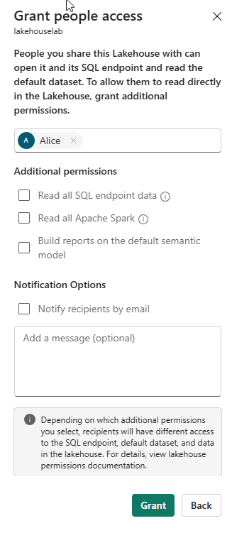 Screenshot of the grant access lakehouse window in Fabric.