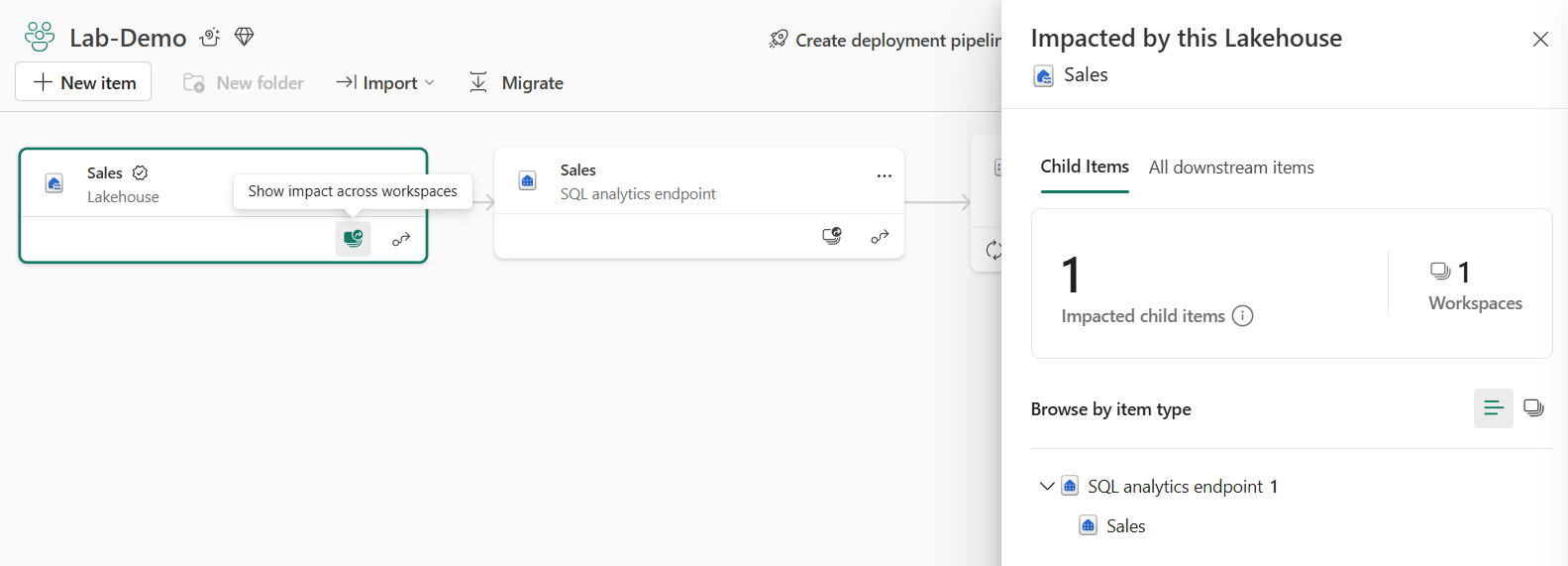 Screenshot of the impact analysis pane showing downstream items.