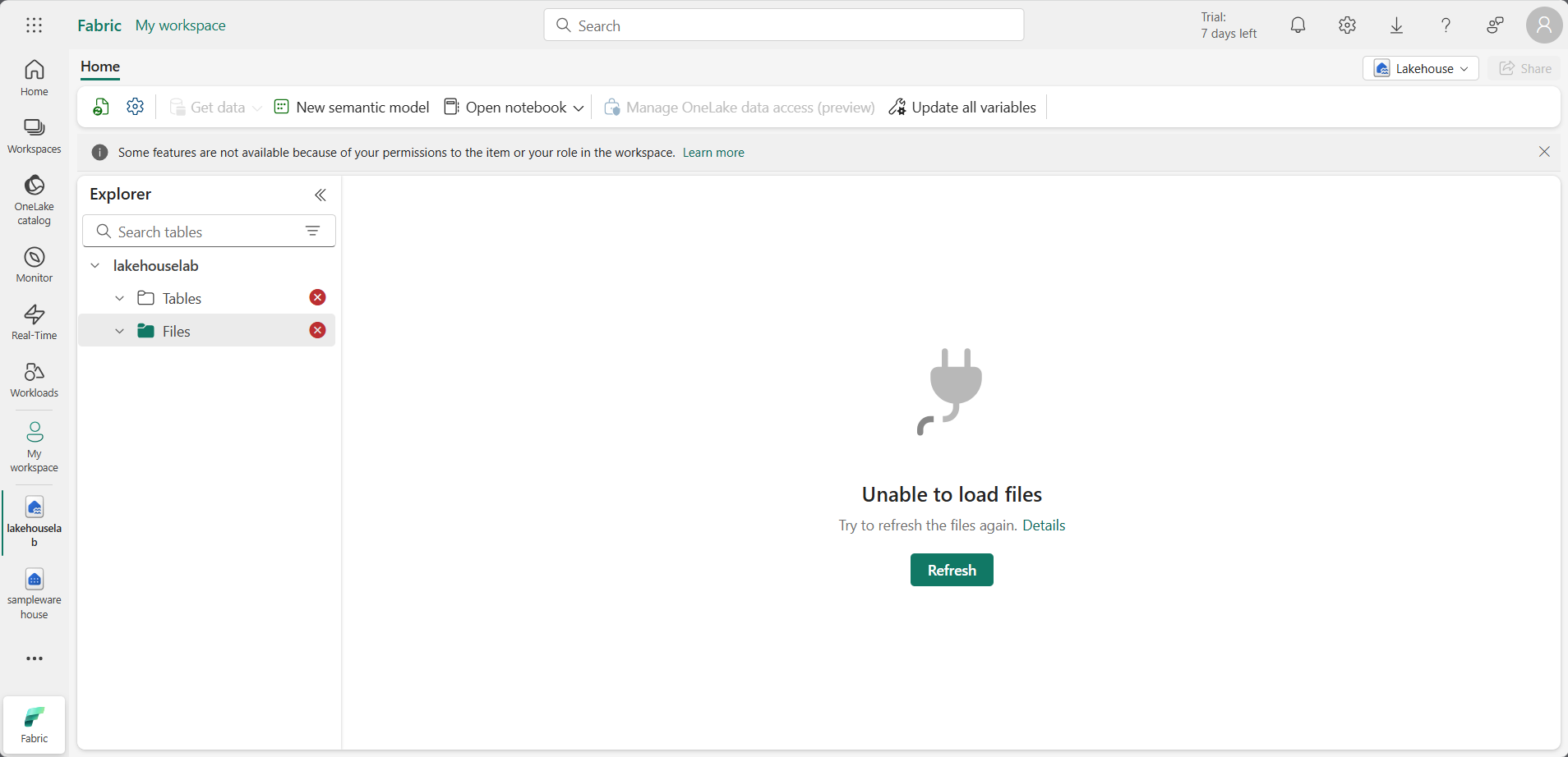 Screenshot of lakehouse unable to load data.
