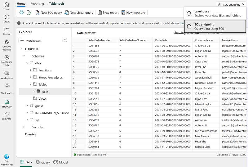 Screenshot of the SQL endpoint page.