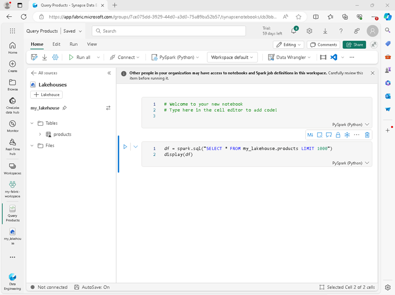 Screenshot of a notebook with code to query a table.