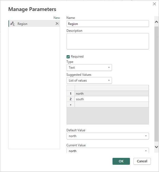 Screenshot of the Power BI Desktop Manage Parameters Dialog.