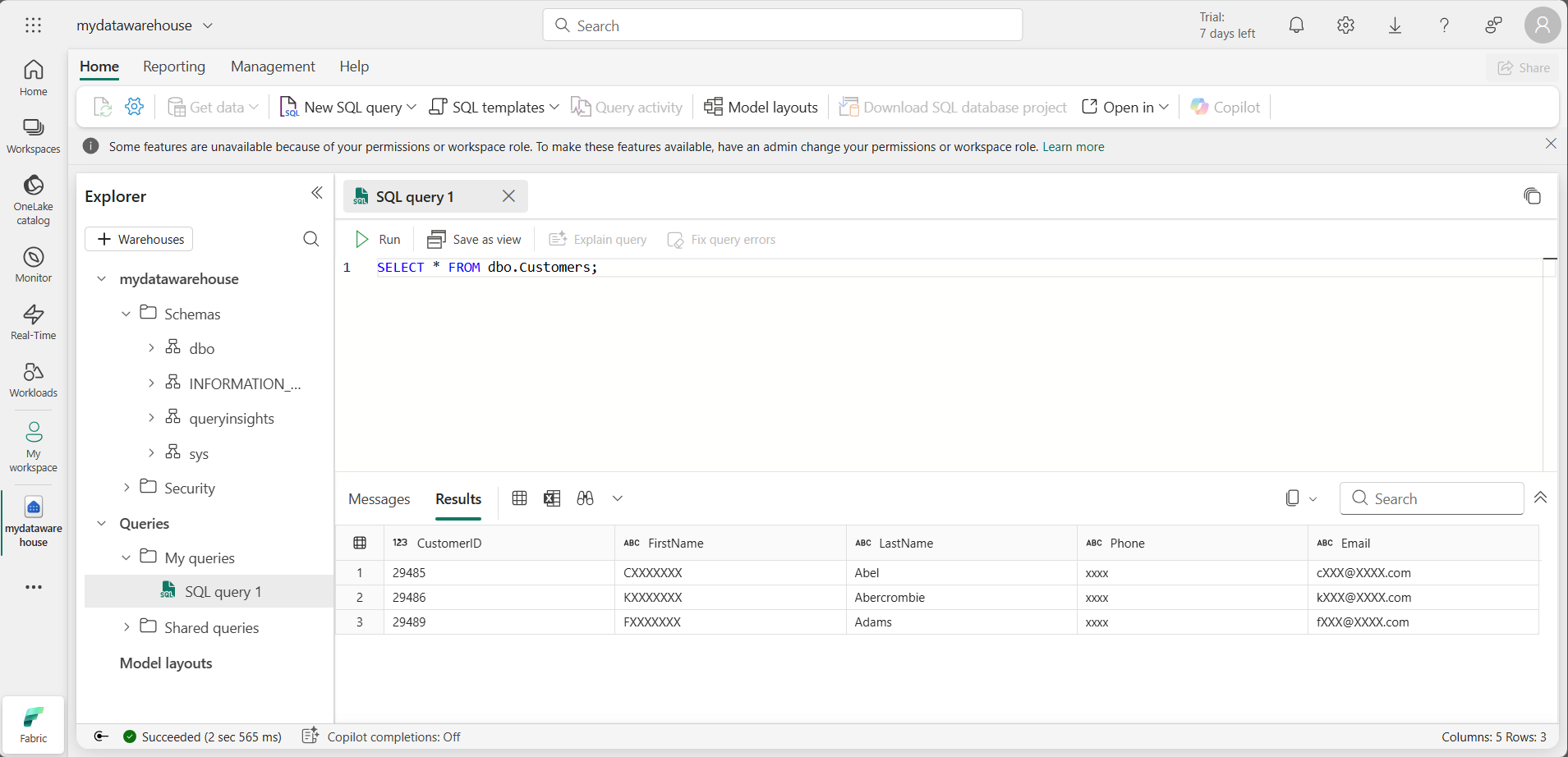 Screenshot of the Customers table with masked data.