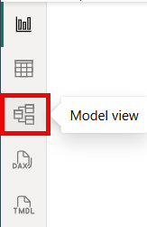 Screenshot of the Model view icon selected in the Power BI Desktop navigation pane.