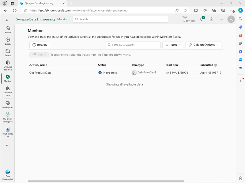 Screenshot of the monitoring hub with a dataflow in-progress.