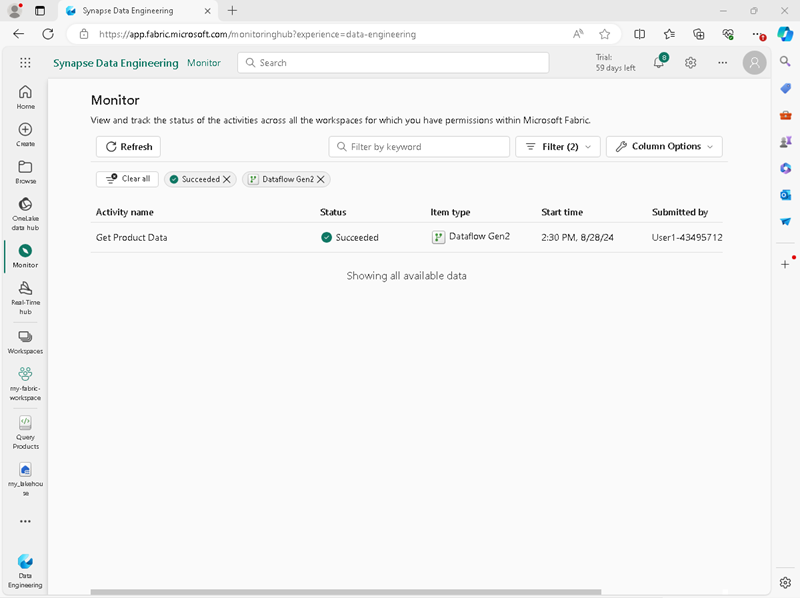 Screenshot of the monitoring hub with a filter applied.