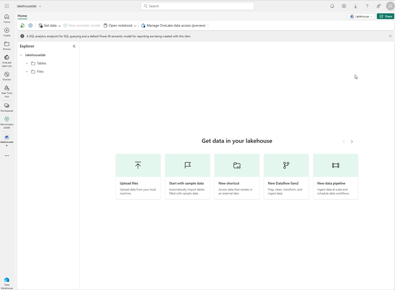Screenshot of a new lakehouse in Fabric.
