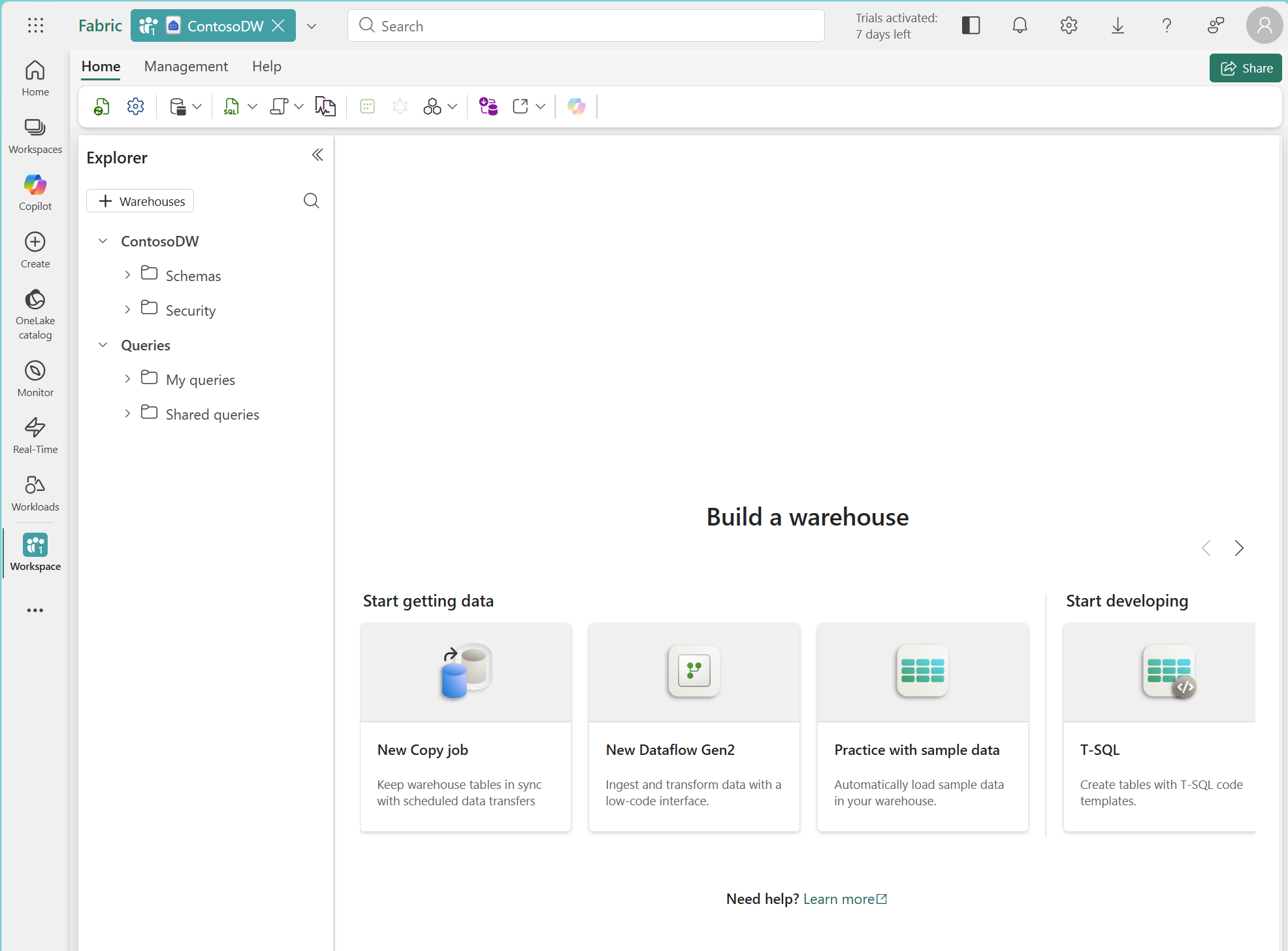 Screenshot of an empty warehouse in Fabric.