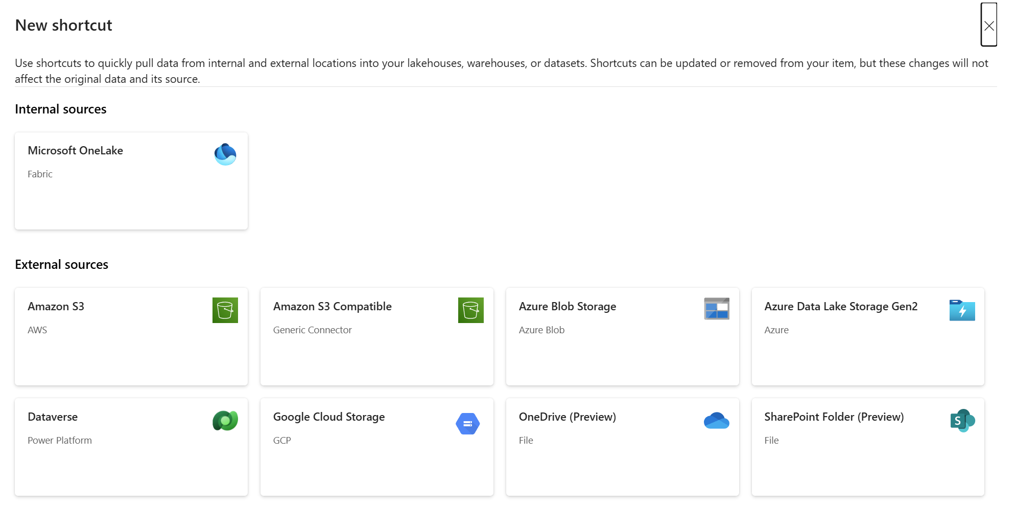 Screenshot showing shortcut creation dialog with OneLake selected.