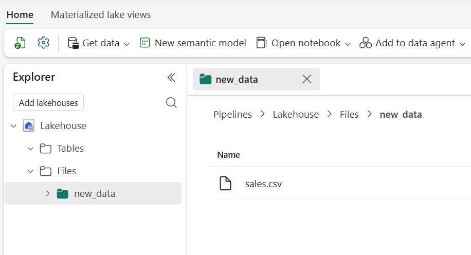 Screenshot showing the sales.csv file in the new_data folder.