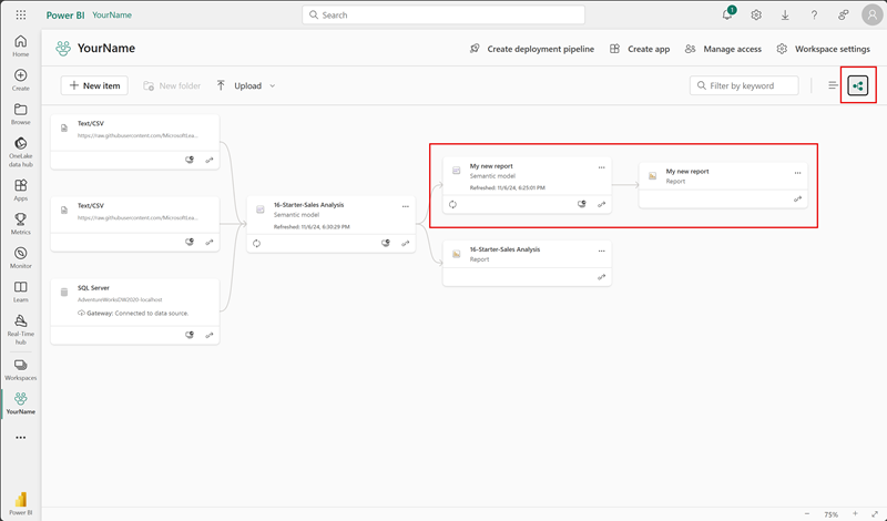 Screenshot of the lineage view with a database and two text files connecting to a single semantic model from our starter file. That same semantic model connects to the starter file report and has a new semantic model connected to the new report.