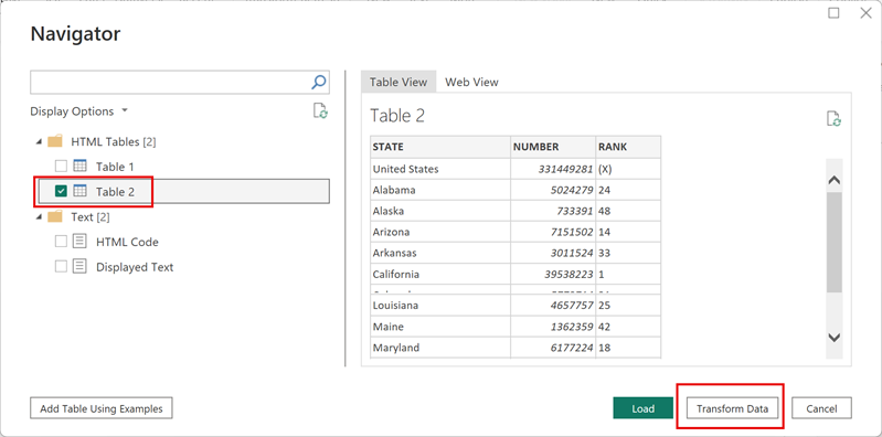 Screenshot of the Navigator dialog box to choose which content to load or transform.