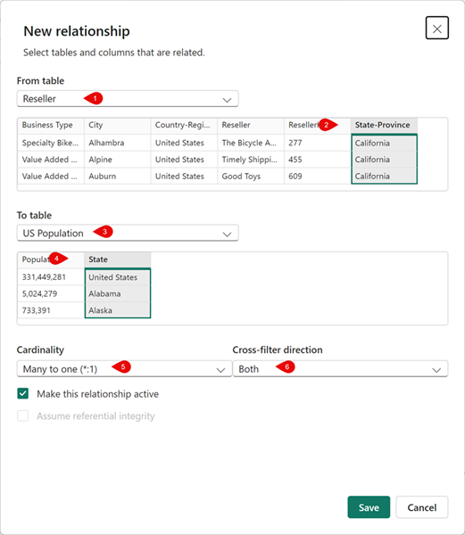 Screenshot of a new relationship dialog box configured as previously described.