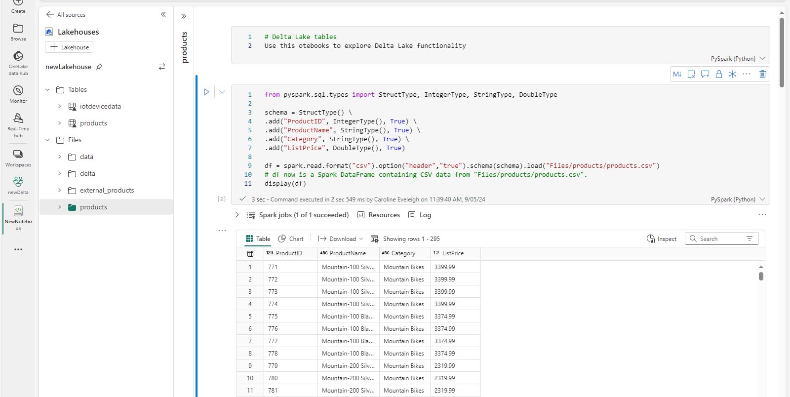 Screen picture of products.csv data.