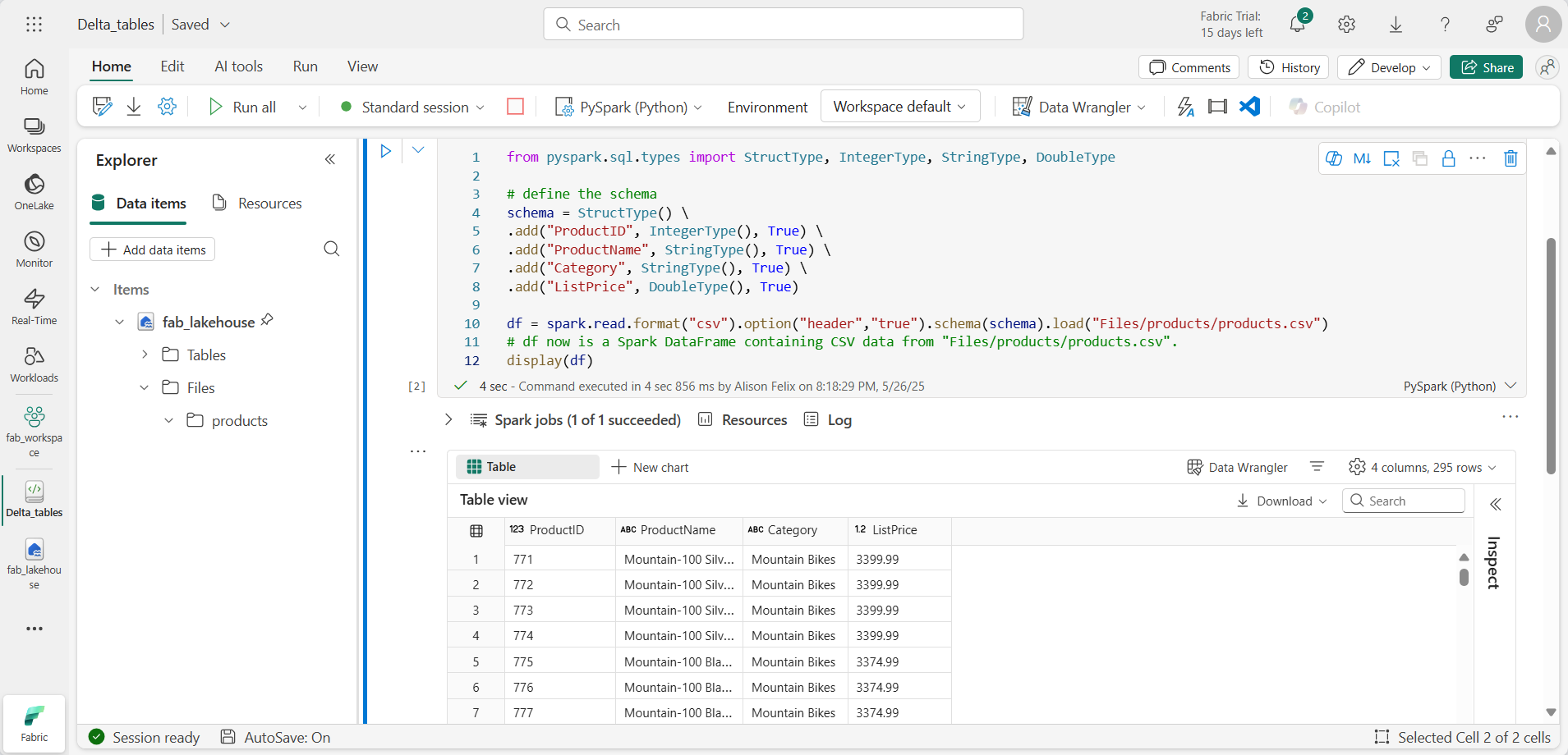 Screen picture of products.csv data.
