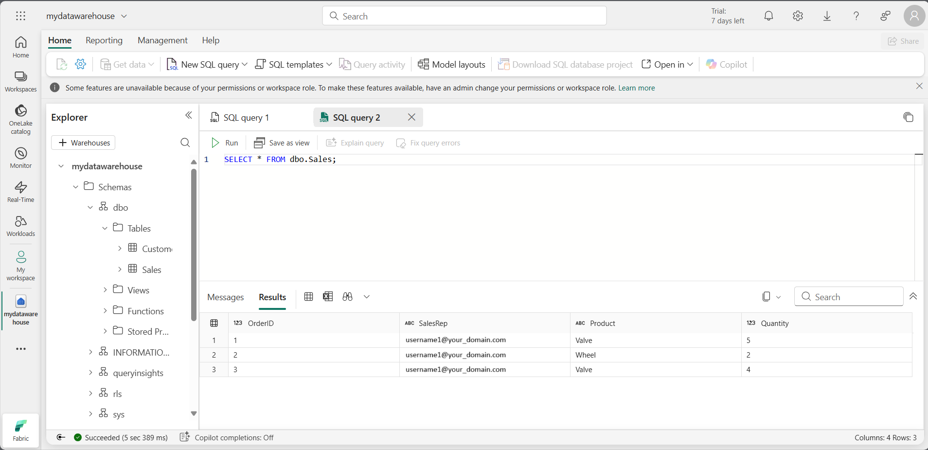 Screenshot of the Sales table with RLS.