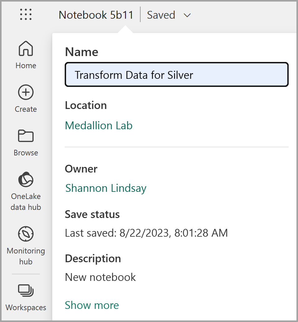Screenshot of a new notebook named Transform data for silver.