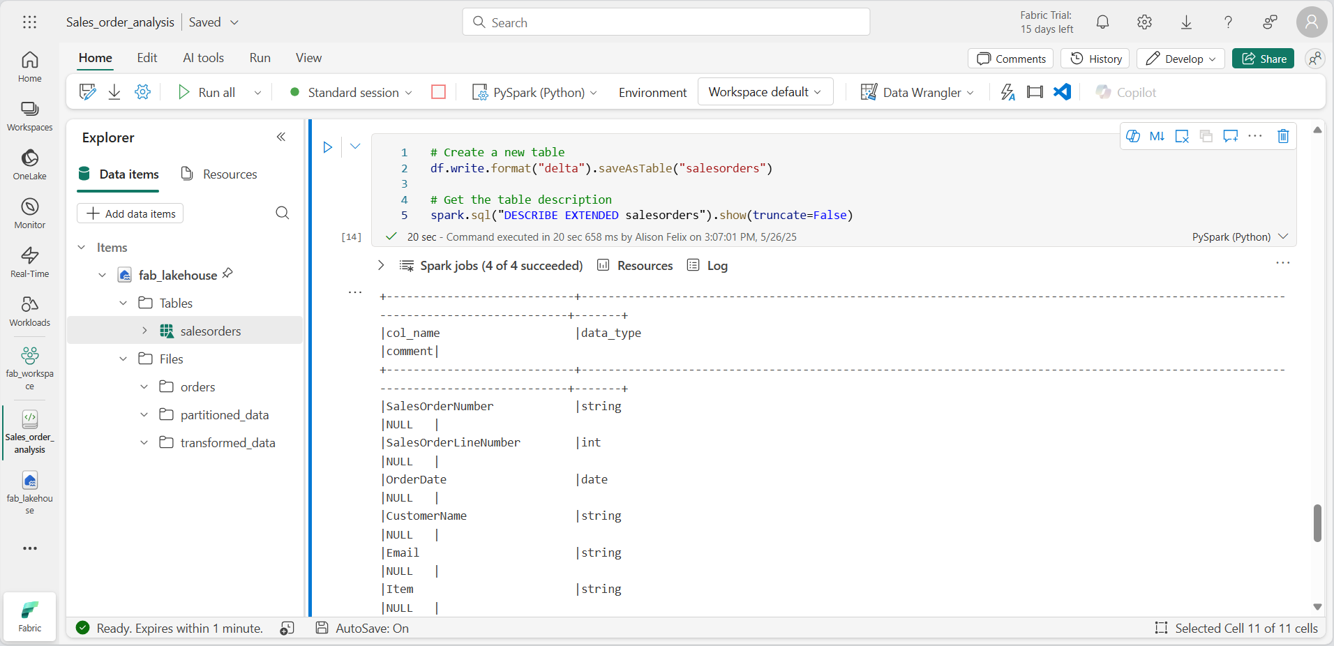 Screen picture showing that the salesorders table has been created.