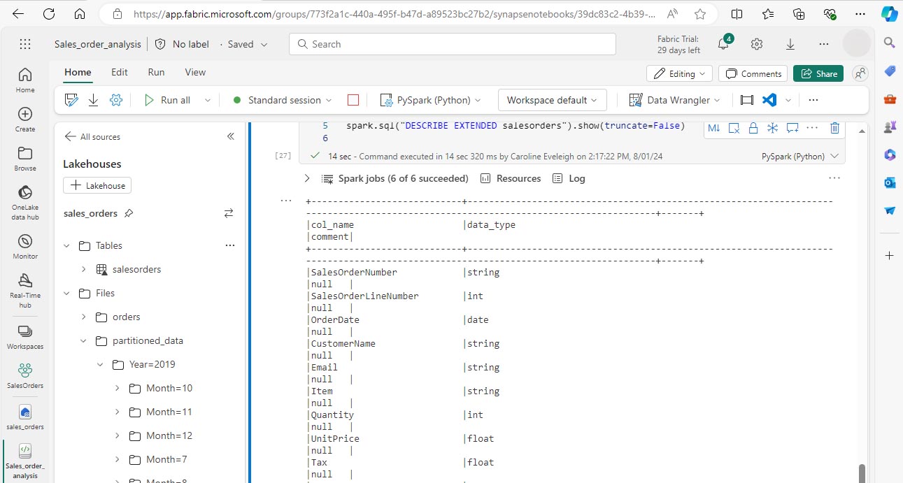 Screen picture showing that the salesorders table has been created.