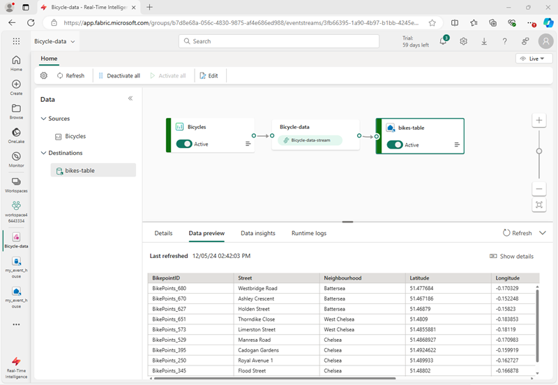 A screenshot of a destination table in an eventstream.