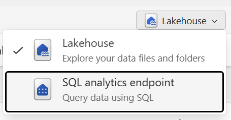 Screenshot showing the switch from Lakehouse to SQL analytics endpoint.
